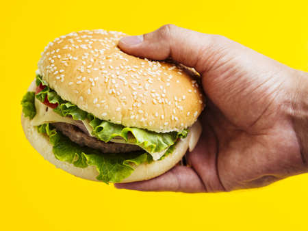 man holding cheeseburger with seeds. Resolution and high quality beautiful photoの写真素材
