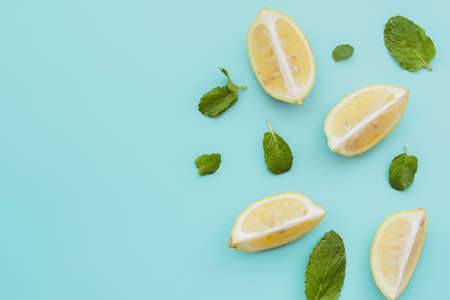 lemon wedges mint leaves background. Resolution and high quality beautiful photoの写真素材