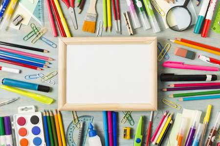 office table desk with supplies arrangement. Resolution and high quality beautiful photoの写真素材