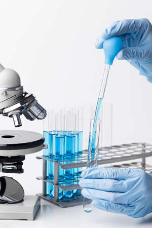 front view blue chemical substances lab. Resolution and high quality beautiful photo