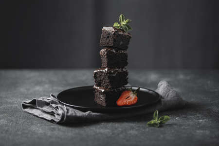 front view chocolate cake pieces plate with mint. Resolution and high quality beautiful photoの写真素材