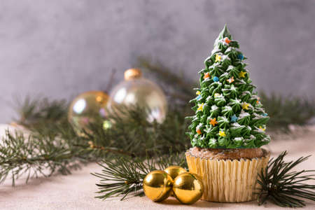 front view cupcake with christmas tree frosting. Resolution and high quality beautiful photoの写真素材