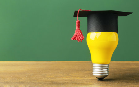 front view lightbulb with academic cap copy space. Resolution and high quality beautiful photoの写真素材