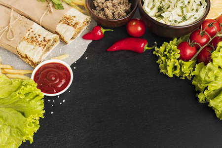 high angle delicious kebab with tomatoes salad. Resolution and high quality beautiful photo