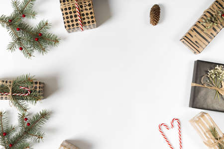 gift boxes with green branches candy canes. Resolution and high quality beautiful photoの写真素材