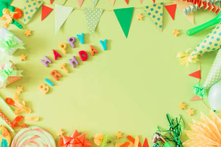 happy birthday text with accessories green background. Resolution and high quality beautiful photoの写真素材