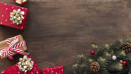 gift boxes with green fir tree branches. Resolution and high quality beautiful photoの写真素材