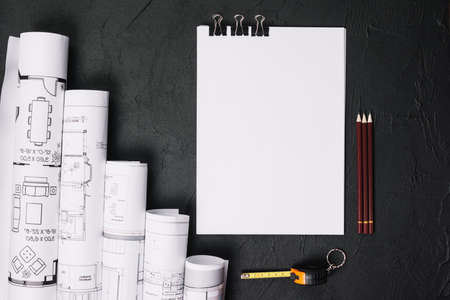 blank paper with blueprints on table. Resolution and high quality beautiful photo