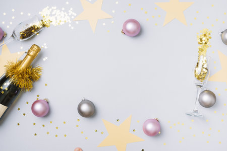 champagne bottle with baubles table. Resolution and high quality beautiful photoの写真素材