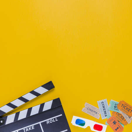 clapperboard with cinema tickets 3d glasses. Resolution and high quality beautiful photoの写真素材