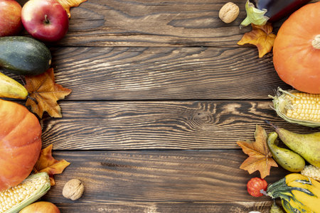 autumnal frame wooden table with copy space. Resolution and high quality beautiful photoの写真素材