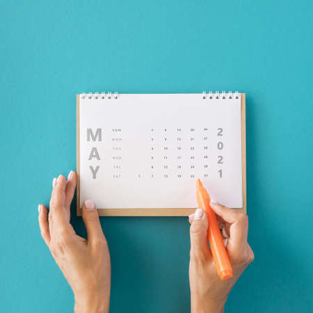 top view planner calendar blue background. High quality beautiful photo conceptの写真素材