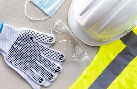 top view safety construction helmet medical mask. High quality beautiful photo conceptの写真素材