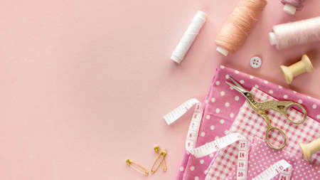 top view sewing essentials with thread buttons. High quality beautiful photo conceptの写真素材
