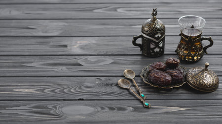 traditional turkish arabic tea glasses dried dates with spoons wooden table. High quality beautiful photo conceptの写真素材