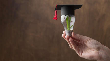 close up hand holding light bulb with plant. High quality beautiful photo conceptの写真素材