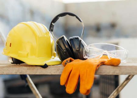 Photo Front view of protective glasses with hard hat and headphones. High quality beautiful photo conceptの写真素材
