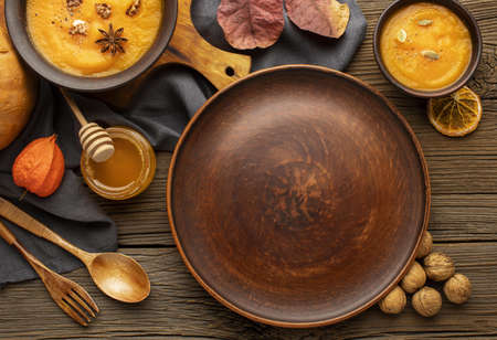assortment autumn soups empty plate. High quality beautiful photo conceptの写真素材