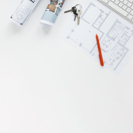 blueprint with keys red pen isolated white background. High quality beautiful photo conceptの写真素材