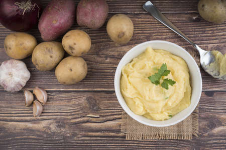 composition with mashed potatoes wooden table. High quality beautiful photo conceptの写真素材