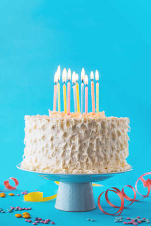 close up birthday cake with decorative blue background 2. High quality beautiful photo concept