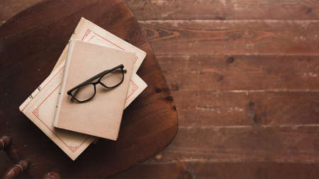 top view books glasses. High quality beautiful photo conceptの写真素材