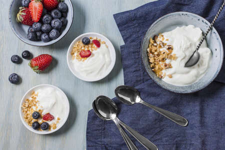 tasty breakfast with yogurt fruits. High quality beautiful photo conceptの写真素材