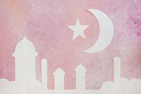 silhouette mosque towers crescent on pinkの写真素材