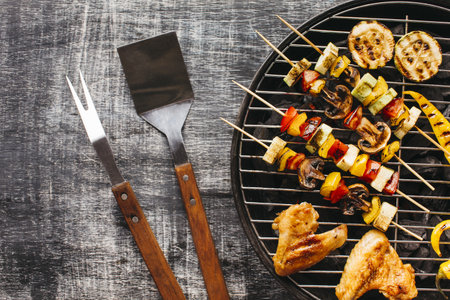 preparation grilled meat barbecue grill wooden background. High quality beautiful photo conceptの写真素材