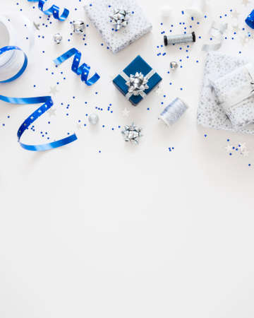 flat lay composition festive wrapped presents with copy spaceの写真素材