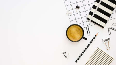 top view office stationery with coffee paper clipsの写真素材