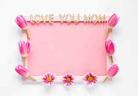 top view frame decorated with tulipsの写真素材