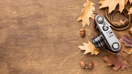 top view camera with autumn leaves copy spaceの写真素材