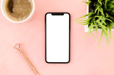 top view smartphone template workspaceの写真素材