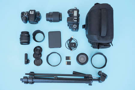 overhead view bag appliances graphy blue backgroundの写真素材