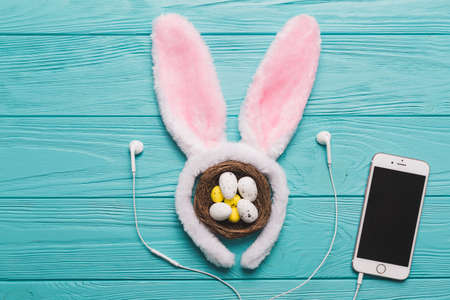 smartphone near neast bunny earsの写真素材