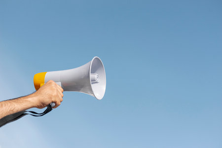protester holding megaphone demonstration. High quality photoの写真素材