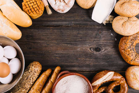 variety baked breads table with space text. High quality photoの写真素材