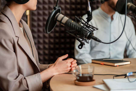 close up people speaking radio. High quality photoの写真素材
