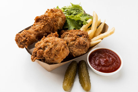 high angle fried chicken drumsticks with ketchup fries. High quality beautiful photo conceptの写真素材