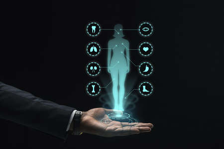 hologram feminine silhouette man hand. High quality beautiful photo conceptの写真素材
