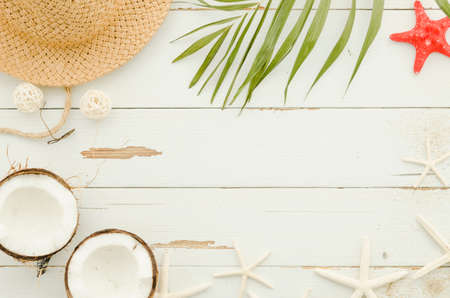 frame straw hat sea stars palm leaf. High quality photo