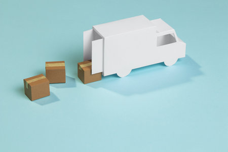 high angle toy delivery truck boxes. High quality beautiful photo conceptの写真素材