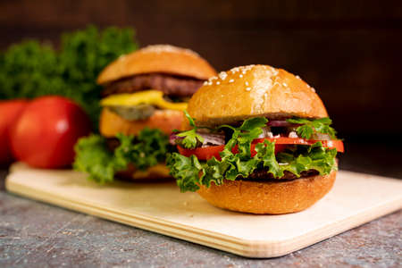 close up hamburgers cutting board. High quality photoの写真素材