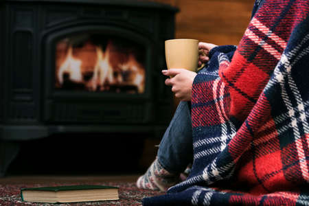 close up woman covered blanket. High quality photoの写真素材