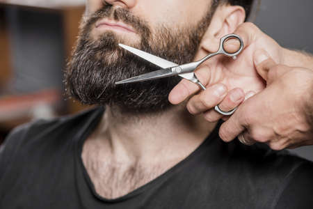 hairstylist s hand cutting man s beard with scissors. High quality beautiful photo concept