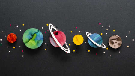 flat lay arrangement creative paper planets.の写真素材
