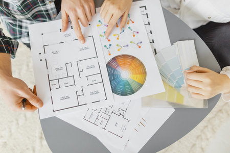 flat lay couple making plans redecorate house. High quality beautiful photo conceptの写真素材