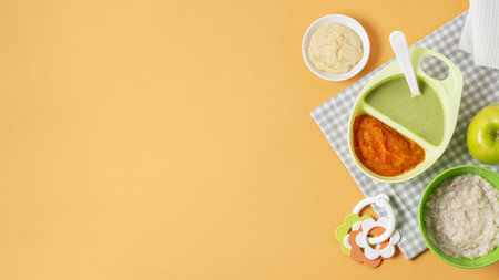 flat lay food frame on yellow background.の写真素材