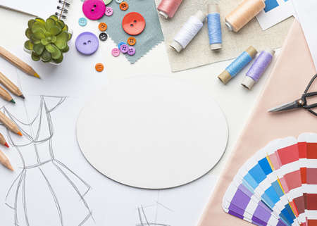 flat lay tailoring set with fabric samples thread. High quality beautiful photo concept